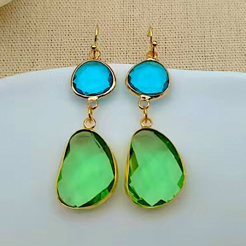 Gold Vintage Gemstone Crystal Blue Green Dangle Earrings - Picture 3 of 4